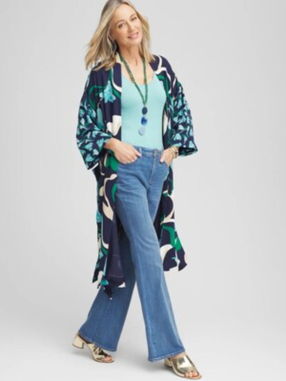 Chico's Long Wildflower Open Front Kimono S/M
